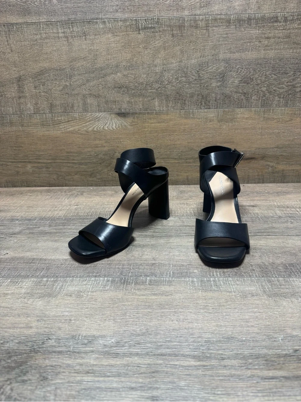 ANTONIO MELANI Black Leather Ankle-Strap Block Heel Sandals